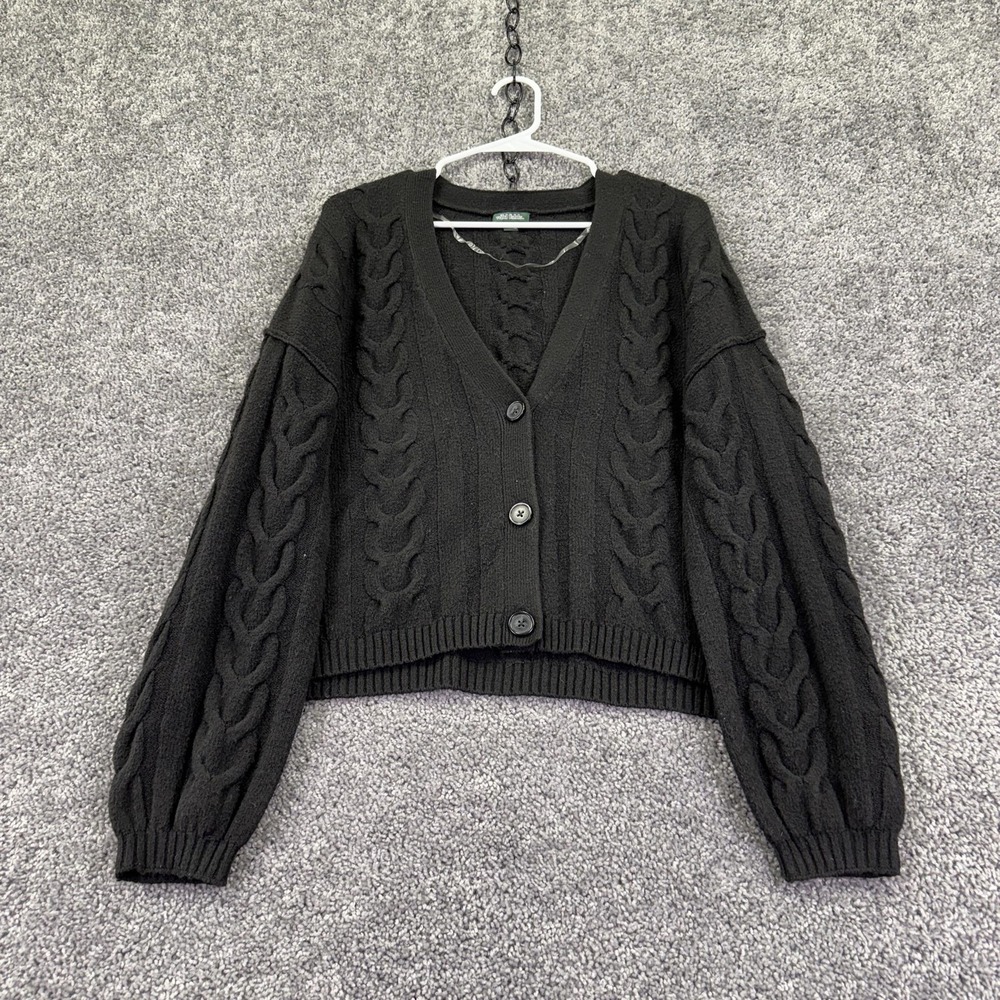 Wild Fable Sweater Cardigan Womens L Black Cable Knit Balloon Sleeve Cropped